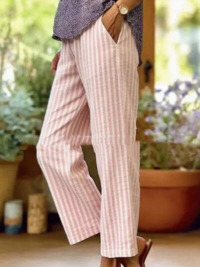 Womens Striped Elastic Waist Loose Casual Pants