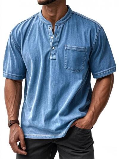 Men's Casual Short-Sleeve Button-Up Crew-Neck Shirt