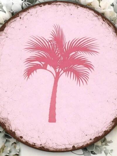 8x8in Vintage Palm Tree Round Sign Hawaiian Pool Bar Decor