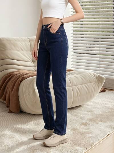Women High Waist Dark Blue Straight Leg Jeans, Classic Casual Stretch