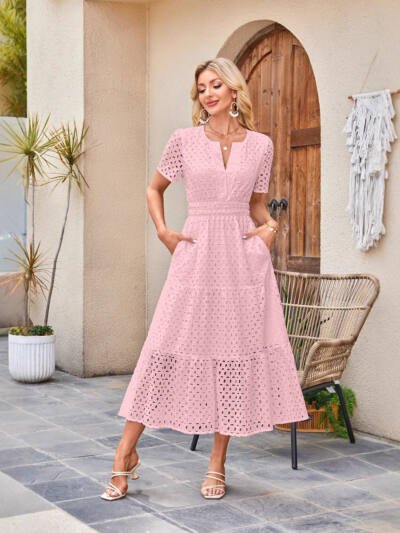 V-neck Hollow Pleated Short Sleeves Long Dress