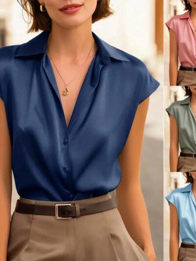Womens Silk-satin Short-sleeve Polo-neck Shirt