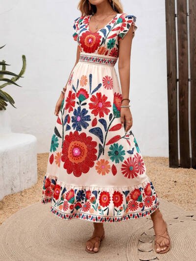 Printed Flared Maxi Dress With Long Sleeves And Lace-Up Waist Casual