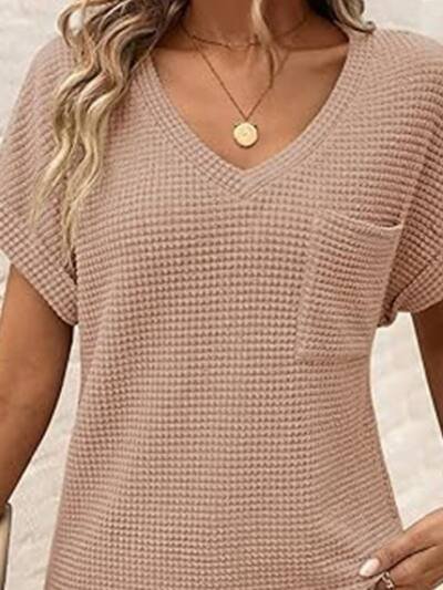 V-neck Summer Short Sleeve Waffle Pocket Shirt