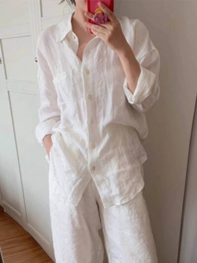 Linen-cotton White Shirt And Pants Set For Women